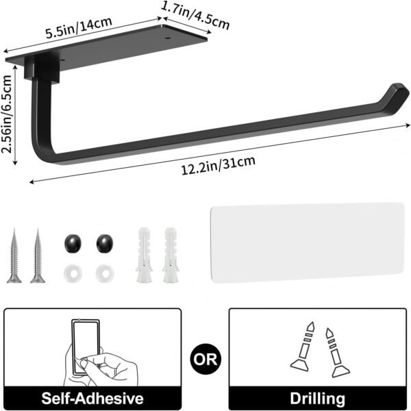 Paper Towel Holder - Self-Adhesive or Drilling, Matte Black, Upgraded Aluminum Kitchen Roll Dispenser Under Cabinet, Lighter but Stronger Than Stainless Steel! - Image 5