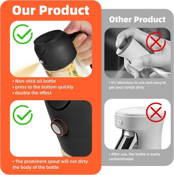 TrendPlain 16oz/470ml Olive Oil Sprayer for Cooking - 2 in 1 Olive Oil Dispenser for Kitchen Gadgets, Air Fryer, Salad, and BBQ - Black - Image 5