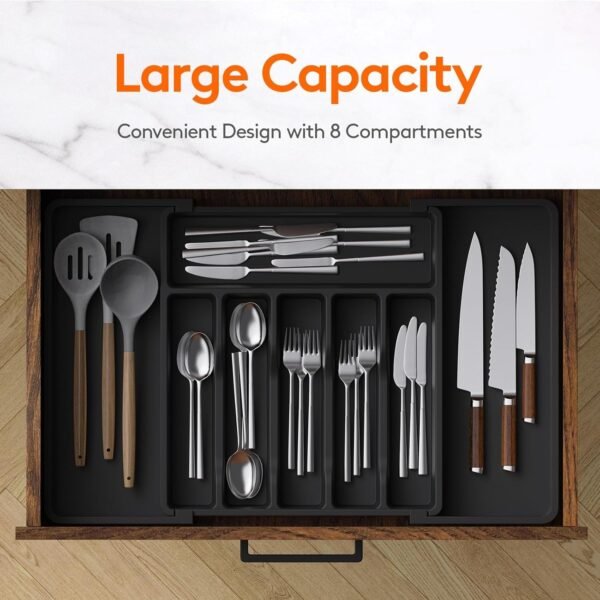 Lifewit Silverware Drawer Organizer, Expandable Utensil Tray for Kitchen, BPA Free Flatware and Cutlery Holder, Adjustable Plastic Storage for Spoons Forks Knives, Large, Black - Image 6