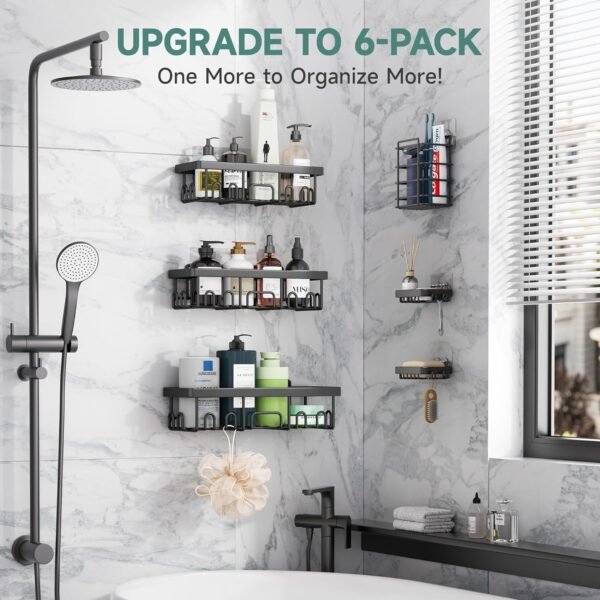Veken Stainless Steel Shower Caddy 6-Pack, Adhesive Rustproof Shelves Rack with Soap Holder, Large Capacity Bathroom Organizers and Storage, No Drilling Wall-Mounted Kitchen & Home Decor, Bath Decor - Image 5