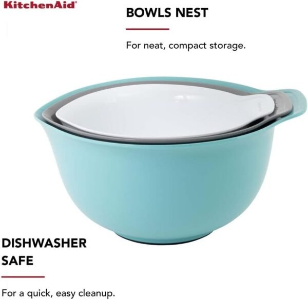 KitchenAid Universal Nesting Plastic Mixing Bowls, Set Of 3, 2.5 quart, 3.5 quart, 4.5 quart, Non Slip Base with Easy Pour Spout to Reduce Mess, Dishwasher Safe, Aqua Sky, White, Gray - Image 5