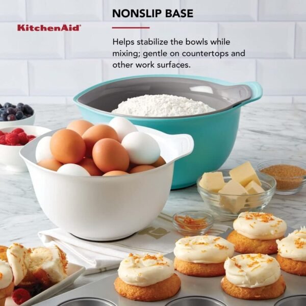 KitchenAid Universal Nesting Plastic Mixing Bowls, Set Of 3, 2.5 quart, 3.5 quart, 4.5 quart, Non Slip Base with Easy Pour Spout to Reduce Mess, Dishwasher Safe, Aqua Sky, White, Gray - Image 6