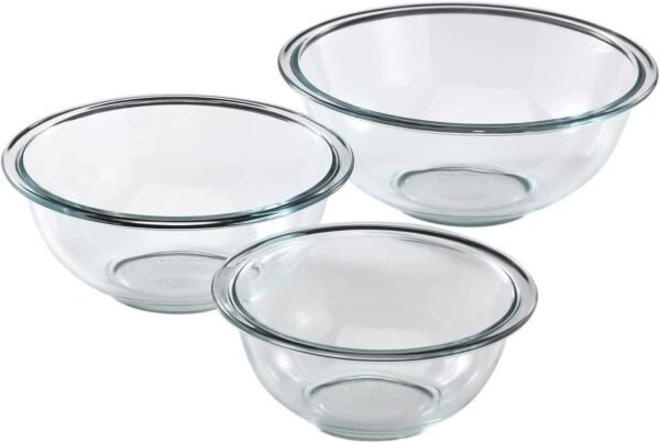 Pyrex Smart Essentials 3-Pack Prepware Mixing Bowl Set (1QT, 1.5QT, 2.5QT) Glass Mixing Bowls, Dishwasher, Microwave and Freezer Safe