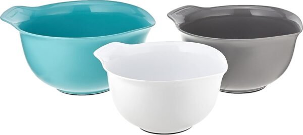 KitchenAid Universal Nesting Plastic Mixing Bowls, Set Of 3, 2.5 quart, 3.5 quart, 4.5 quart, Non Slip Base with Easy Pour Spout to Reduce Mess, Dishwasher Safe, Aqua Sky, White, Gray