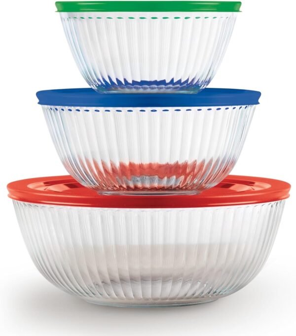 Pyrex Sculpted 3-Pack Glass Mixing Bowls (1.3 QT, 2.3 QT, 4.5 QT) with BPA-Free Lids, Prepping and Baking Food Storage Set, Dishwasher, Microwave and Freezer Safe