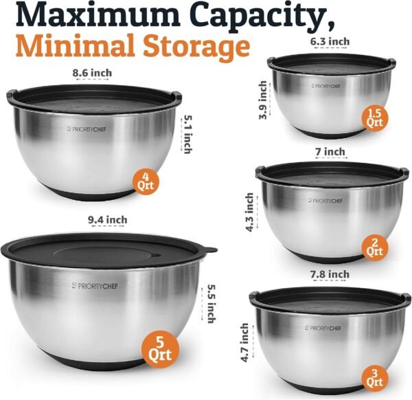 Priority Chef Stainless Steel Mixing Bowls with Lids Set, 3 Grater Attachments, Airtight Lids, Non-Slip Silicone Base Mixing Bowl Set, Large Prep Metal Mixing Bowls for Kitchen, Black - Image 2