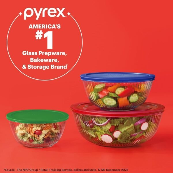Pyrex Sculpted 3-Pack Glass Mixing Bowls (1.3 QT, 2.3 QT, 4.5 QT) with BPA-Free Lids, Prepping and Baking Food Storage Set, Dishwasher, Microwave and Freezer Safe - Image 3
