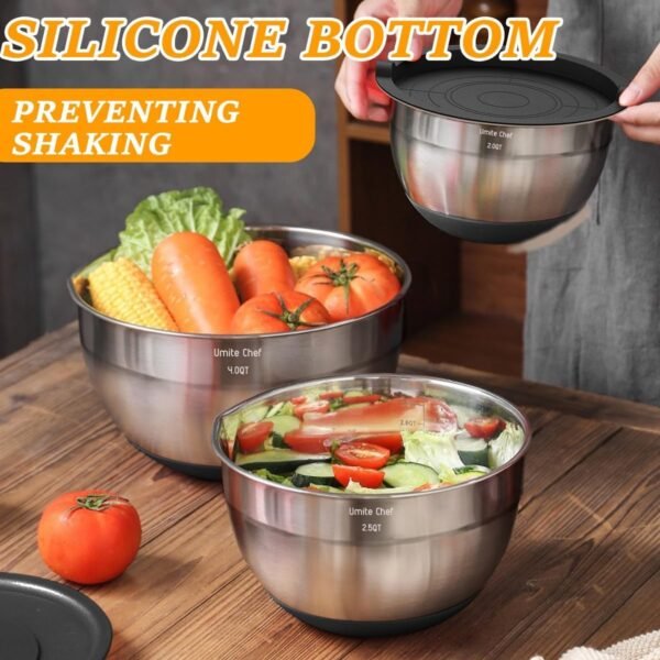 Umite Chef Mixing Bowls with Airtight Lids, 26Pcs Stainless Steel Bowls Set, 3 Grater Attachments & Black Non-Slip Bottoms Size 7, 4, 2.5, 2.0,1.5, 1QT, Great for Mixing & Serving - Image 3