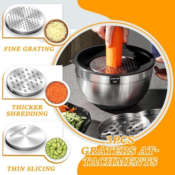 Umite Chef Mixing Bowls with Airtight Lids, 26Pcs Stainless Steel Bowls Set, 3 Grater Attachments & Black Non-Slip Bottoms Size 7, 4, 2.5, 2.0,1.5, 1QT, Great for Mixing & Serving - Image 2