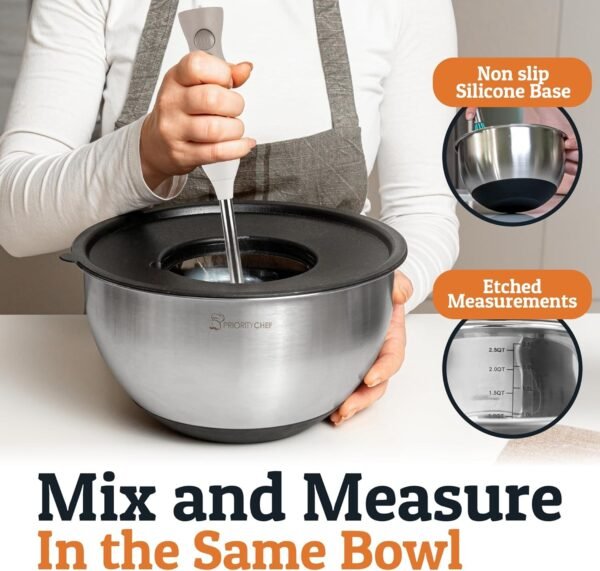 Priority Chef Stainless Steel Mixing Bowls with Lids Set, 3 Grater Attachments, Airtight Lids, Non-Slip Silicone Base Mixing Bowl Set, Large Prep Metal Mixing Bowls for Kitchen, Black - Image 3