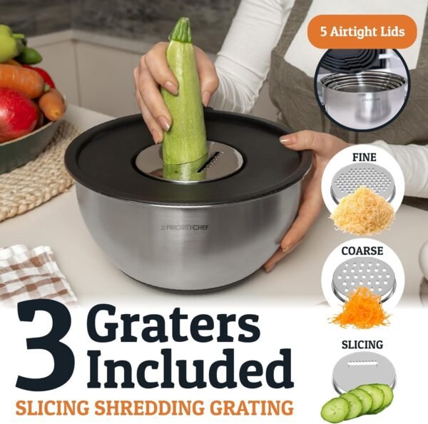 Priority Chef Stainless Steel Mixing Bowls with Lids Set, 3 Grater Attachments, Airtight Lids, Non-Slip Silicone Base Mixing Bowl Set, Large Prep Metal Mixing Bowls for Kitchen, Black - Image 4